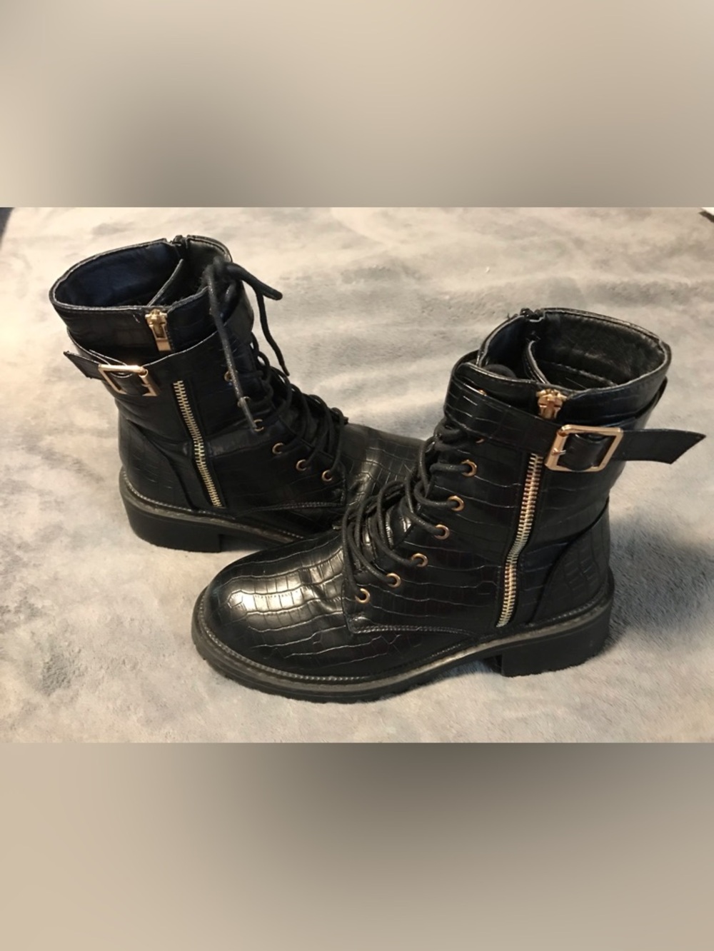 Women’s Black Croc-Embossed Lace-Up Boots with Gold Hardware